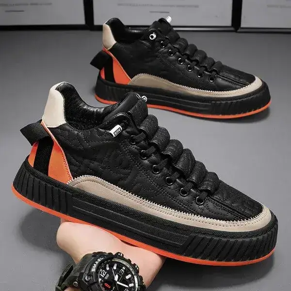 Mens Colorblock Canvas Sneakers | Breathable Low-Top Slip-On Shoes in Beige, Black, Orange