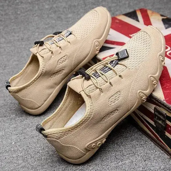 Mens Breathable Mesh Sneakers | Leather Low-Top Casual Shoes in Black, Coffee, White