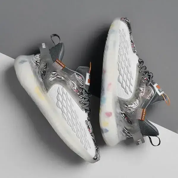 Mens Color-Matching Sneakers | Light-Reflective Low-Top Running Shoes in Beige Blue, Black, Grey White
