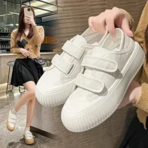 Simkimtim Women Fashion Round Toe Thick Sole Velcro Pu Sneakers