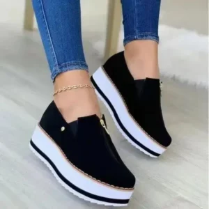 Simkimtim Women Fashion Retro Style Elastic Band Thick Sole Solid Color Mid-Slip Sneakers