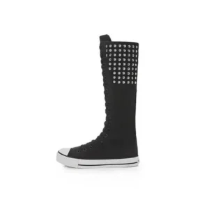 Simkimtim Women Fashion Rivet Decor Side Zipper Canvas High Boots