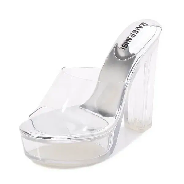 Simkimtim Women Fashion Plus Size Transparent Crystal Chunky Heel Platform High