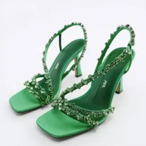 Simkimtim Women Fashion Plus Size Sexy Rhinestone Strap Square Toe Heeled Sandals