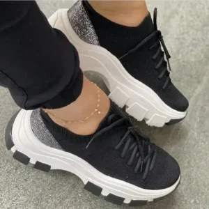 Simkimtim Wedge Heel Flying Woven Colorblock Lace-Up Sneakers Large Size Casual Low Top Women Shoes