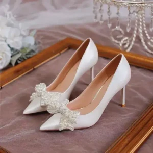 Simkimtim Women Fashion Sexy Pointed Satin Pearl Pointed Toe Shoes