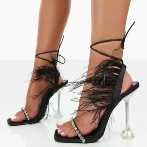 Simkimtim Women Fashion Sexy Rhinestone Feather Decorative Solid Color High Heel Sandals Shoes