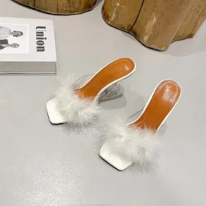 Simkimtim Women Fashion Sexy Feather Decoration Solid Color Chunky High Heel Slippers Shoes