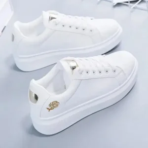 Simkimtim Women Casual Fashion Rose Embroidery Thick-Soled Comfortable PU Leather White Sneakers