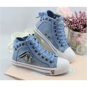 Simkimtim Women Casual Spring Zipper Decor Lace-Up High Top Denim Canvas Sneakers