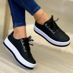 Simkimtim Women Casual Round Toe Lace-Up Block Color Platform Shoes PU Sneakers