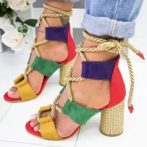 Simkimtim Women Fashion Sexy Cross Hollow Lace Up Design Color Blocking High Heel Sandals Shoes