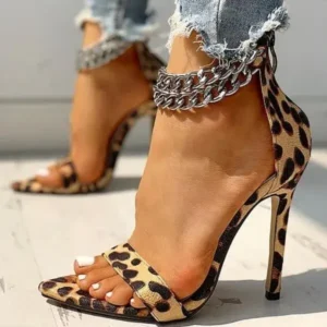 Simkimtim Women Sexy Metal Chain Buckle Ankle Strap Animal Printed High Heels