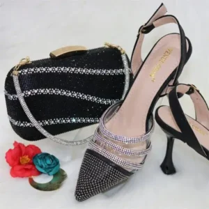 Simkimtim Women Classic Black Pointed Shoes Transparent Pvc Rhinestone Chain Square Hand Bag Set