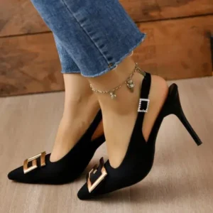 Simkimtim Summer Women Fashion Casual Plus Size Solid Color Pointed Toe Metal Buckle Sling Back High Heel Sandals