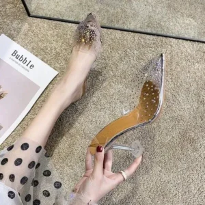 Simkimtim Women Fashion Sexy Rhinestone Decorative Pointed Toe Transparent High Heel Sandals