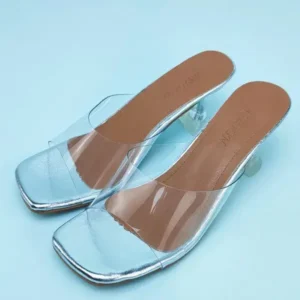 Simkimtim Women Fashion Casual Square Toe Transparent Design Mid Heel Slippers