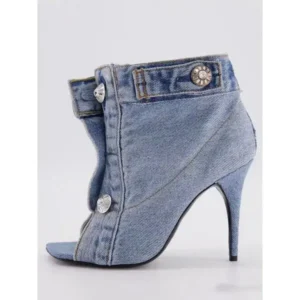 Simkimtim Women Fashion High Heel Denim Button High Top Boots