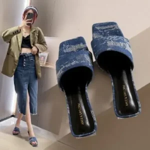 Simkimtim Women Fashion Casual PU Denim Square Toe Chunky Heel Slippers