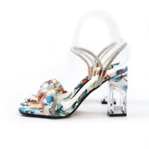 Simkimtim Women Fashion Sexy PU Rhinestone Floral Printed Square Toe Chunky Heel ?Sandals