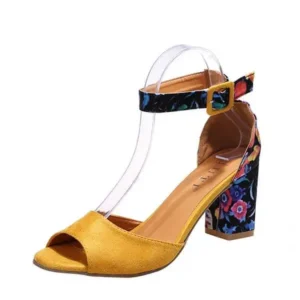 Simkimtim Women Fashion Sexy PU Floral Printed Peep Toe Chunky Heel Ankle Strap Buckle Sandals