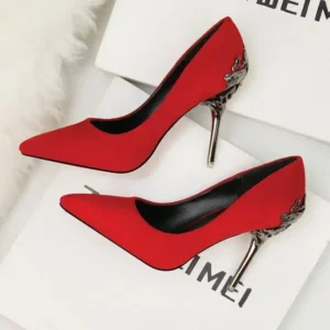 Simkimtim Women Fashion Sexy PU Solid Color Pointed Toe Metal Stiletto Heel Pumps