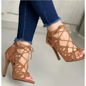 Simkimtim Women Fashion Sexy Solid Color Hollow Peep Toe Stiletto Heel Bandage Sandals