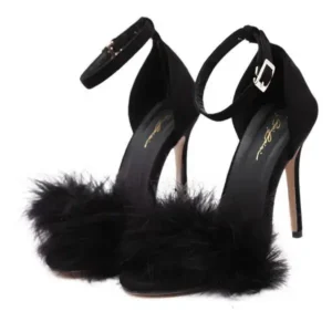 Simkimtim Women Fashion Sexy PU Solid Color Feather Peep Toe Stiletto Heel Ankle Strap Buckle Sandals