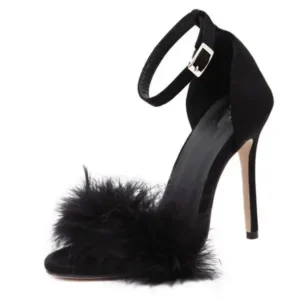 Simkimtim Women Fashion Sexy Solid Color Feather Peep Toe Stiletto Heel Ankle Strap Buckle Sandals