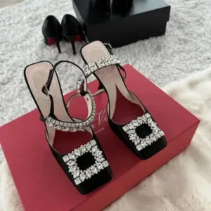 Simkimtim Women Fashion Elegant PU Square Toe Rhinestone Stiletto Heel Ankle Strap Buckle Sandals