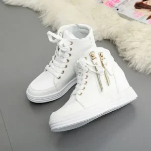 Simkimtim Women Fashion Solid Color Side Zipper Lace-Up Round Head Thick-Soled Sneakers