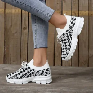 Simkimtim Summer Women Fashion Casual Geometric Print Fly-Woven Lace-Up Sneakers