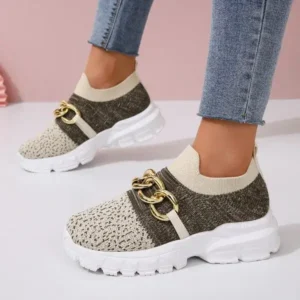 Simkimtim Women Fashion Color Block Metal Chain Thick-Soled Breathable Fly-Woven Sneakers