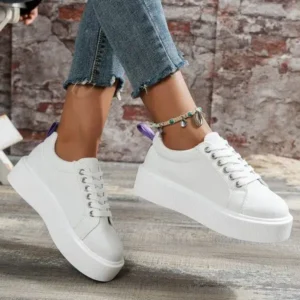 Simkimtim Women Fashion Solid Color Round-Toe Lace-Up Thick-Soled Sneakers