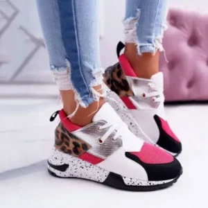 Simkimtim Women Casual Leopard Printed Patchwork Lace Up Sneakers