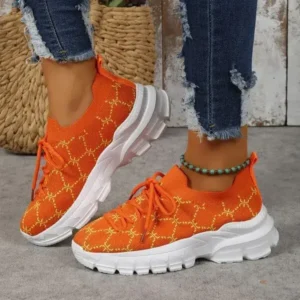 Simkimtim Women Fashion Plus Size Casual Flying Woven Lace-Up Round Toe Sneakers