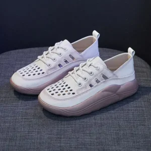 Simkimtim Women Fashion Casual Solid Color PU Lace-Up Hollow Breathable Sneakers