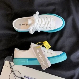 Simkimtim Women Fashion Cream Blue Canvas Lace-Up Sneakers