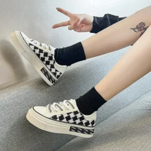 Simkimtim Women Fashion Platform Checkerboard Canvas Sneakers