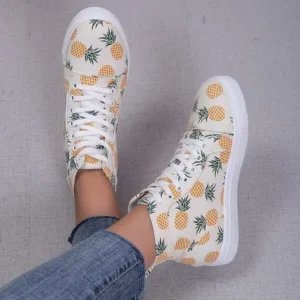 Simkimtim Women Fashion Round Toe Lace-Up Pineapple Strawberry Flat Sneakers