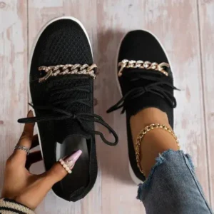 Simkimtim Women Fashion Round Toe Rhinestone Metal Decoration Lace-Up Mesh Sneakers