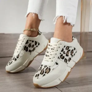 Simkimtim Women Fashion Round Toe Stitching Lace Up Low Top Leopard Sports Sneakers